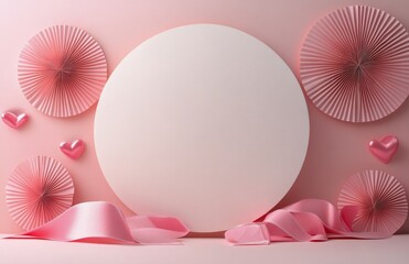 Decorative pink background with blank circle and ribbon for celebrations or invitations