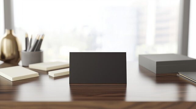Elegant Business Card Mockup on Polished Wooden Desk in Contemporary Office Ambiance