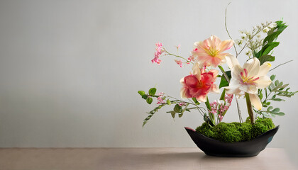 A sophisticated floral arrangement featuring pink and white lilies in a black vase, surrounded by green moss and delicate foliage. Perfect for home decor and peaceful ambiance.