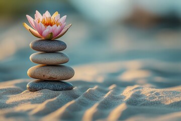 A serene pink lotus flower on stacked pebbles in gentle rippling sand