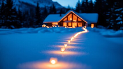 Fototapeta premium Christmas lights illuminating a snowy pathway, guiding the way to a cozy cabin