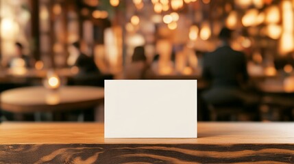 Elegant Business Card Mockup on Artisan Wood Surface in High-End Cafe Setting with Stylish Patrons in Background