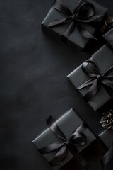 Black gift boxes on dark background. Black Friday, Father's Day and Men's Day. Luxury gift-giving and premium packaging concept. Holiday presents. Flat lay poster with copy space