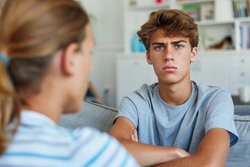 Fototapeta premium Man sitting on the couch observing an anxious woman
