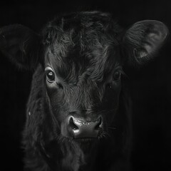 Close-up of a Black Calf's Face Against a Dark Background