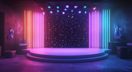Colorful round stage with black curtain and neon lights creating a vibrant, futuristic atmosphere in a modern theater setting