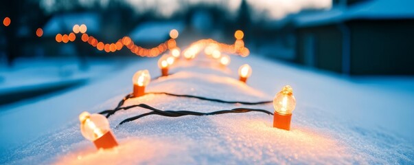 Christmas lights twinkling on a snowy rooftop, adding sparkle to a winter night