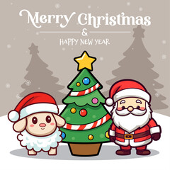 Merry Christmas and Happy New Year - Santa Claus and Friends, Holiday Cartoon Character in Winter Season, Vector
