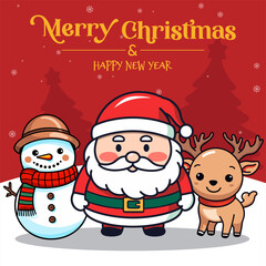 Vector - Merry Christmas and Happy New Year with Santa Claus and Friends, Holiday Cartoon Character in Winter Season
