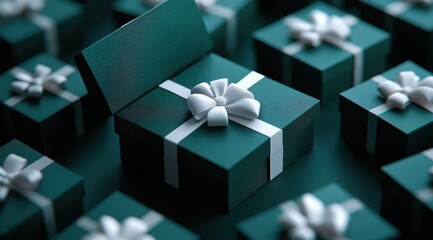 Fototapeta premium A collection of elegant dark green gift boxes, one open, with white ribbons, symbolizing celebration, surprise, and joy