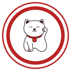 Vector Illustration of a Maneki-neko Lucky Cat Inside a Red Circular Frame for Asian Culture and Good Luck Symbol Designs