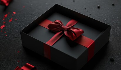 Elegant black gift box adorned with a vibrant red ribbon on a textured dark background, symbolizing luxury and sophistication