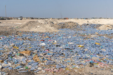 A large amount of plastic water bottles littered in the Danakil Depression, Ethiopia