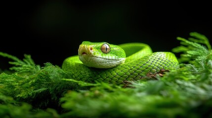 Obraz premium The green snake lies gracefully on a bed of dense, bright foliage, its scales glistening softly in the early morning light filtering through the trees