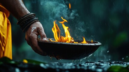 Hindu priest performing a religious ceremony with offerings, symbolizing devotion and ritual in Hinduism