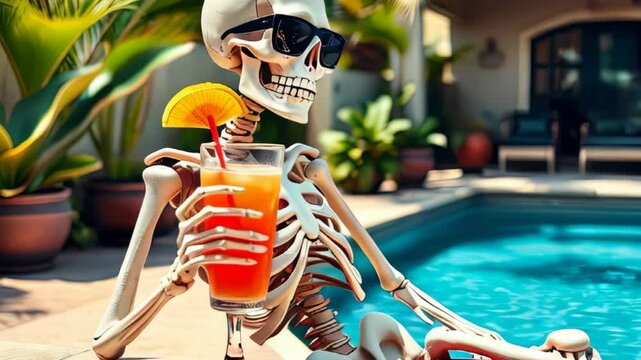 A Relaxed and Chill Skeleton Finding Delight in Sipping on a Refreshing Drink by the Sunny Poolside