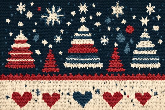 Festive Christmas sweater pattern featuring red and white striped trees, hearts, and stars on a blue background - Powered by Adobe