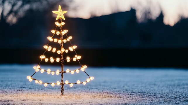 String lights forming the shape of a Christmas tree on a snowy lawn, glowing holiday decoration