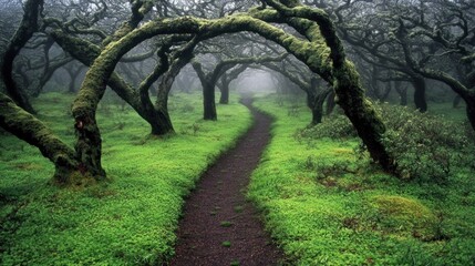 Obraz premium A tranquil path meanders through a foggy forest, where ancient trees with gnarled branches are draped in vibrant green moss, creating a magical atmosphere at dawn