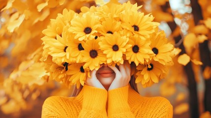 A woman dressed in a bright yellow sweater playfully conceals her face with a large bouquet of sunflowers, surrounded by rustling leaves in autumn colors