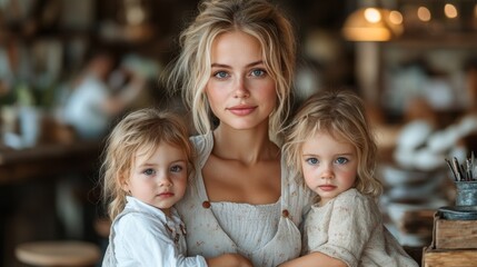 Mother managing her childrens morning routine while preparing for work, illustrating the busy start to the day for many families