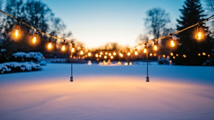 Fototapeta premium String lights glowing in a snow-covered garden, adding a festive touch to the night