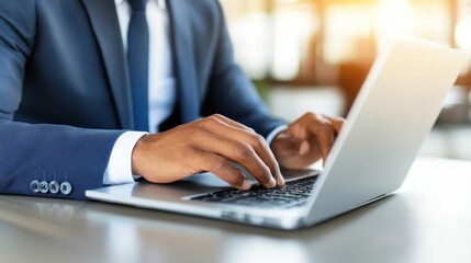 In a contemporary office setting, a focused businessman types on his laptop, bathed in the warm glow of the afternoon sun, highlighting productivity and professionalism