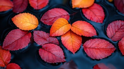 Fototapeta premium Bright red and orange leaves rest gently on calm water, showcasing the beauty of autumn. This tranquil natural setting highlights the vibrant colors of the season