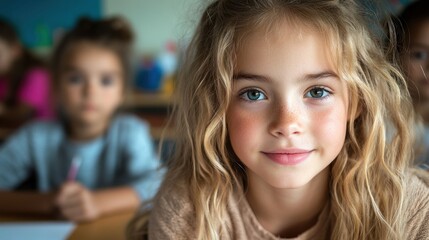 The girl with beautiful wavy hair looks directly at the camera with a bright smile while her classmates focus on their activities in the background at school during daytime