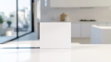 Sleek Luxury Business Card Mockup on White Surface with Stylish Kitchen Background for Professional Branding Presentation