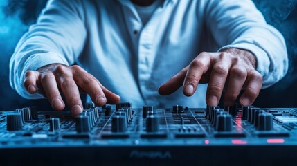 The DJ focuses on blending sounds, manipulating controls on a modern mixing board in a lively atmosphere, surrounded by colorful lighting and an energetic crowd