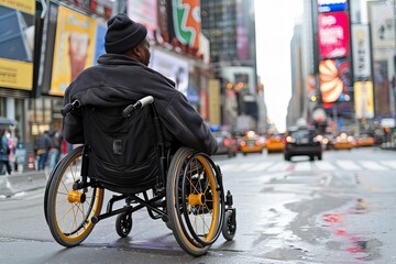 Obraz premium Disabled Man Sitting on Wheelchair on Street in Close-Up View