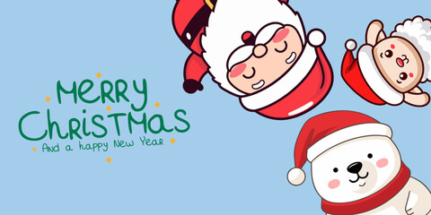 Vector Banner - Holiday Cartoon Character in Winter Season, Merry Christmas and Happy New Year with Santa Claus, Polar Bear, and Sheep
