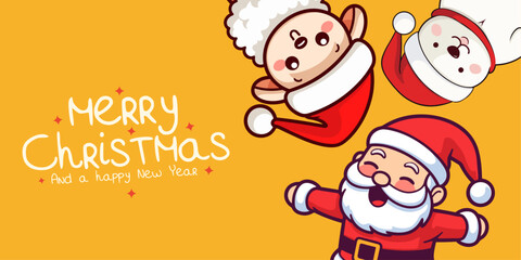 Winter Season Holiday Cartoon Character - Merry Christmas and Happy New Year with Santa Claus, Polar Bear, and Sheep, Vector Banner
