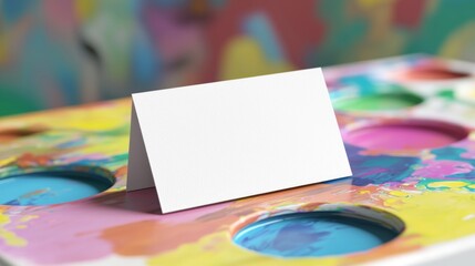 Artistic Business Card Mockup on Colorful Palette in Vibrant Studio Setting.