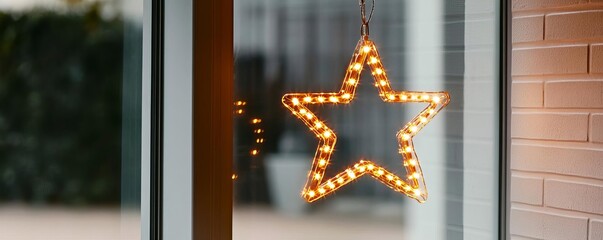 String lights shaped like stars hanging from a window, adding holiday magic to the night