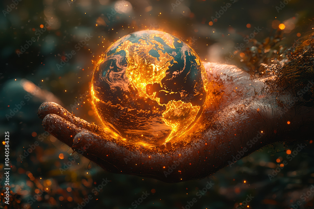 Poster a world emerging from the hand of a creator, symbolizing the act of creation. concept of creationism