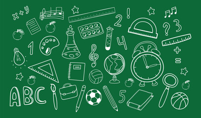 School chalk doodles for educational design on green board