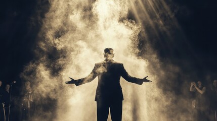 Obraz premium Silhouette of a Man in a Suit with Arms Outstretched, Surrounded by Smoke and Stage Lights