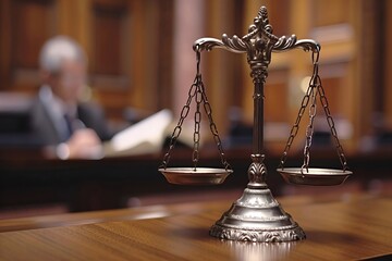 Judicial Scene: Judge Writing at Courthouse Table with Scales of Justice