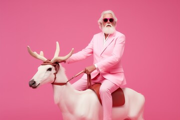 Modern elderly man with sunglasses like Santa Claus in a pink suit, sunglasses riding a reindeer against Christmas pink background.
