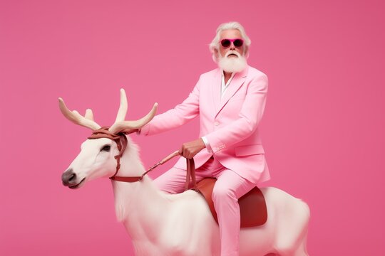 Modern elderly man with sunglasses like Santa Claus in a pink suit, sunglasses riding a reindeer against Christmas pink background.