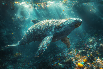 A whale swimming through a sea of garbage, showing the dangers of plastic pollution. Concept of marine conservation.