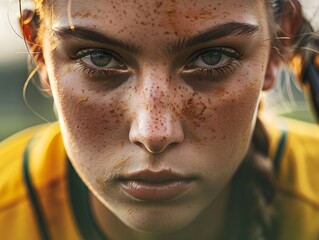 Closeup photo of a softball pitcher starring toward home plate with a serious look. gritty mean