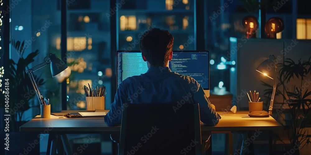 Leinwandbilder a young businessman developing a startup project, coding on his laptop in a minimalistic workspace.