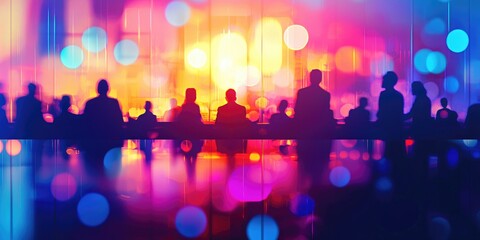 Abstract background with out-of-focus figures attending a business meeting, vibrant lighting highlighting the corporate atmosphere.