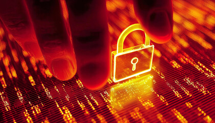 hand hovers over glowing digital padlock, symbolizing cybersecurity and data protection. vibrant red background enhances sense of urgency and importance in safeguarding information