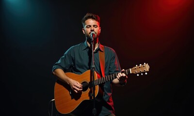 Obraz premium A man plays acoustic guitar and sings into a microphone on stage