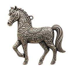 Fototapeta premium Silver metal bracelet chain horse shape charm, handmade fashion jewelry craft object element - isolated on white background.