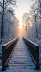 Snow-covered wooden bridge in winter forest during sunrise with soft light